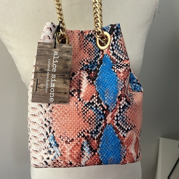 Peach,Blue and Black Python Draw String Mini Bag - Picture 2 of 11